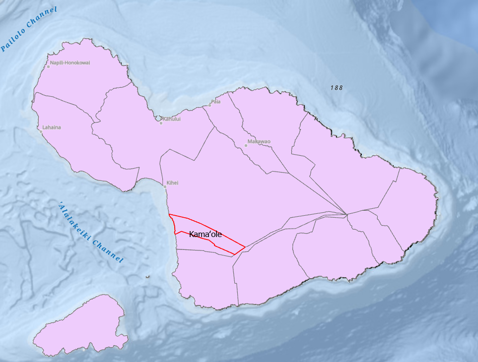 Map of the island of Hawaii highlighting the district of Kona in red, showing neighborhoods and towns such as Kailua-Kona, Kealakehe, and Waikoloa.