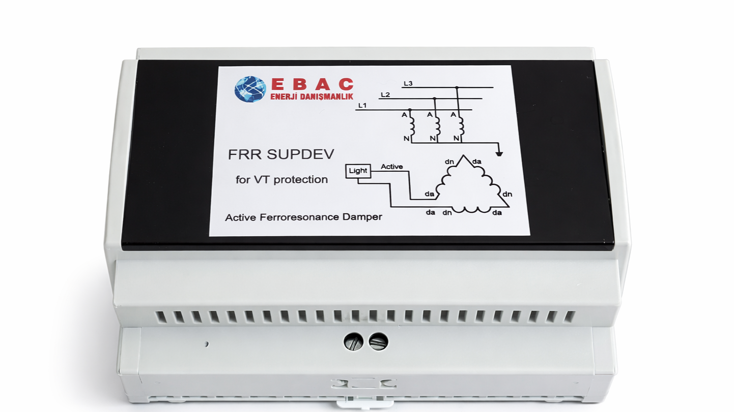 Electrical device with a schematic diagram and text labels for a ferroresonance damper for voltage transformer protection.