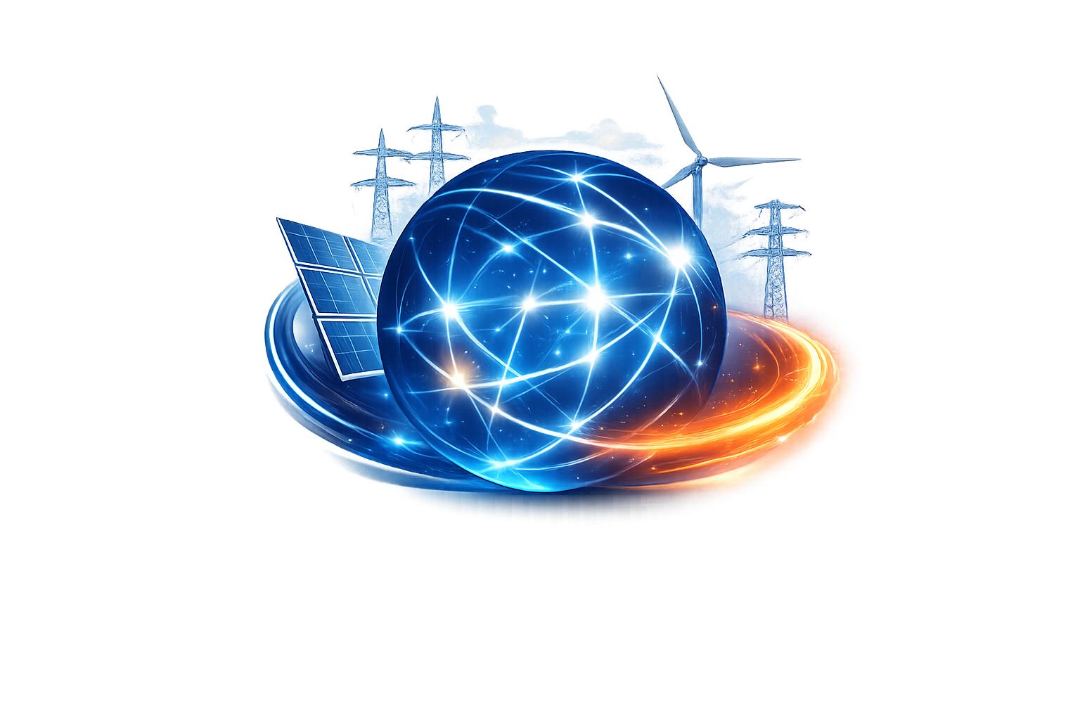 A digital illustration representing renewable energy and technology, featuring a glowing blue globe with interconnected lines, a solar panel, wind turbines, and power lines in the background.