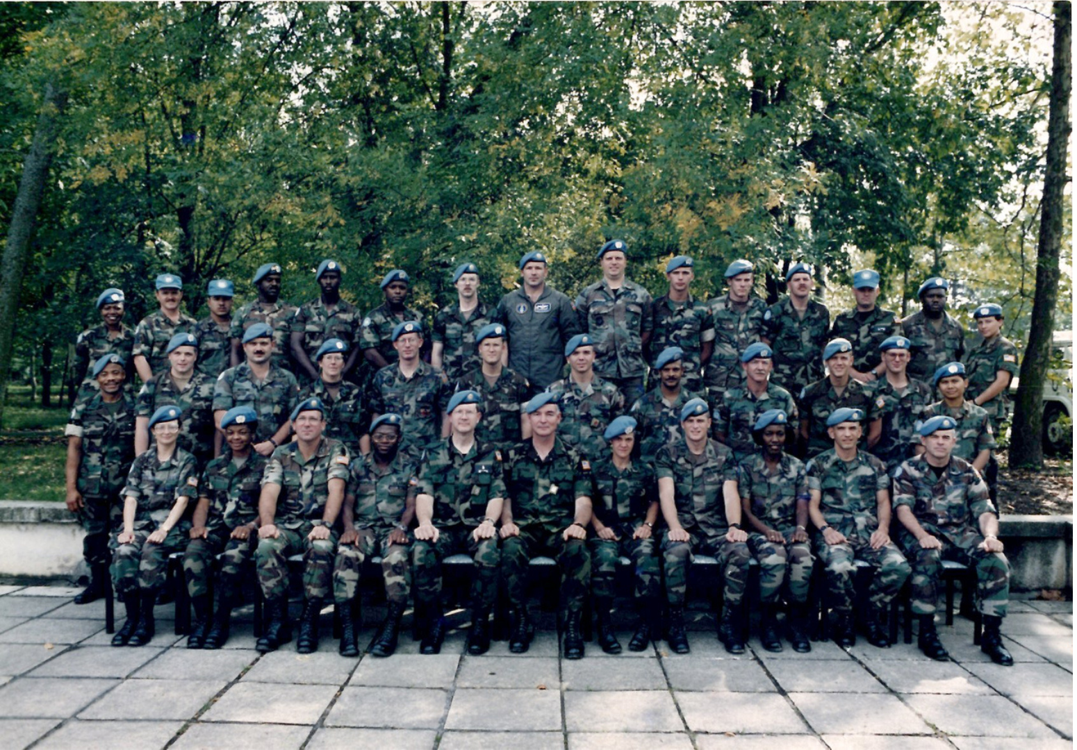 Colonel Stanberry, Deputy Commander (Forward), Joint Task Force PROVIDE PROMISE, Camp Pleso, Zagreb, Croatia, with his commander, COL. Stuart H. Watkins, USA. Colonel Stanberry is in the front row, fifth from the left. Colonel Watkins is immediately