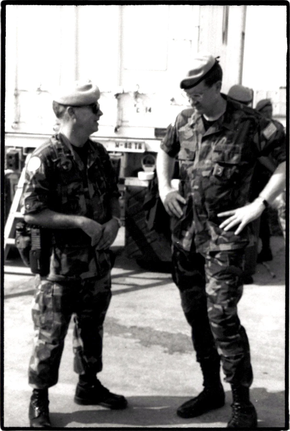 Colonel Stanberry, Deputy Commander (Forward), Joint Task Force PROVIDE PROMISE, speaking with LTC McCurdy, Chief of Security, at Camp Pleso in Zagreb, Croatia
