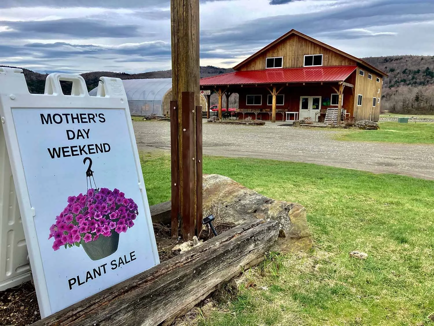 A white sign advertising a Mother’s Day weekend plant sale with a picture of pink flowers in a green pot. The sign is placed outdoors near the Foote Brook Farm Store with hills and a cloudy sky in the background.