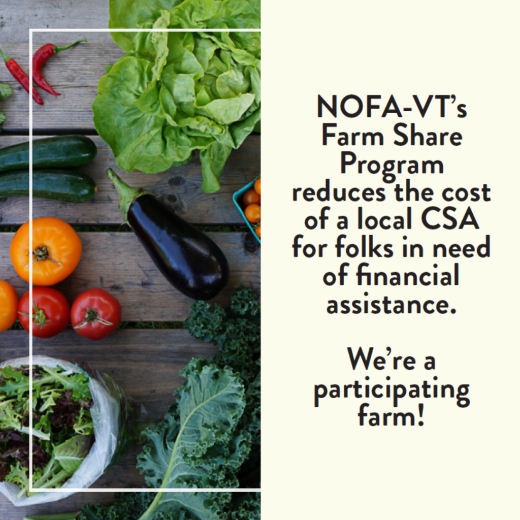 Image of fresh vegetables including red chili peppers, cucumbers, tomatoes, an eggplant, and leafy greens on a wooden surface, alongside text about NOFA-VT's farm share program.