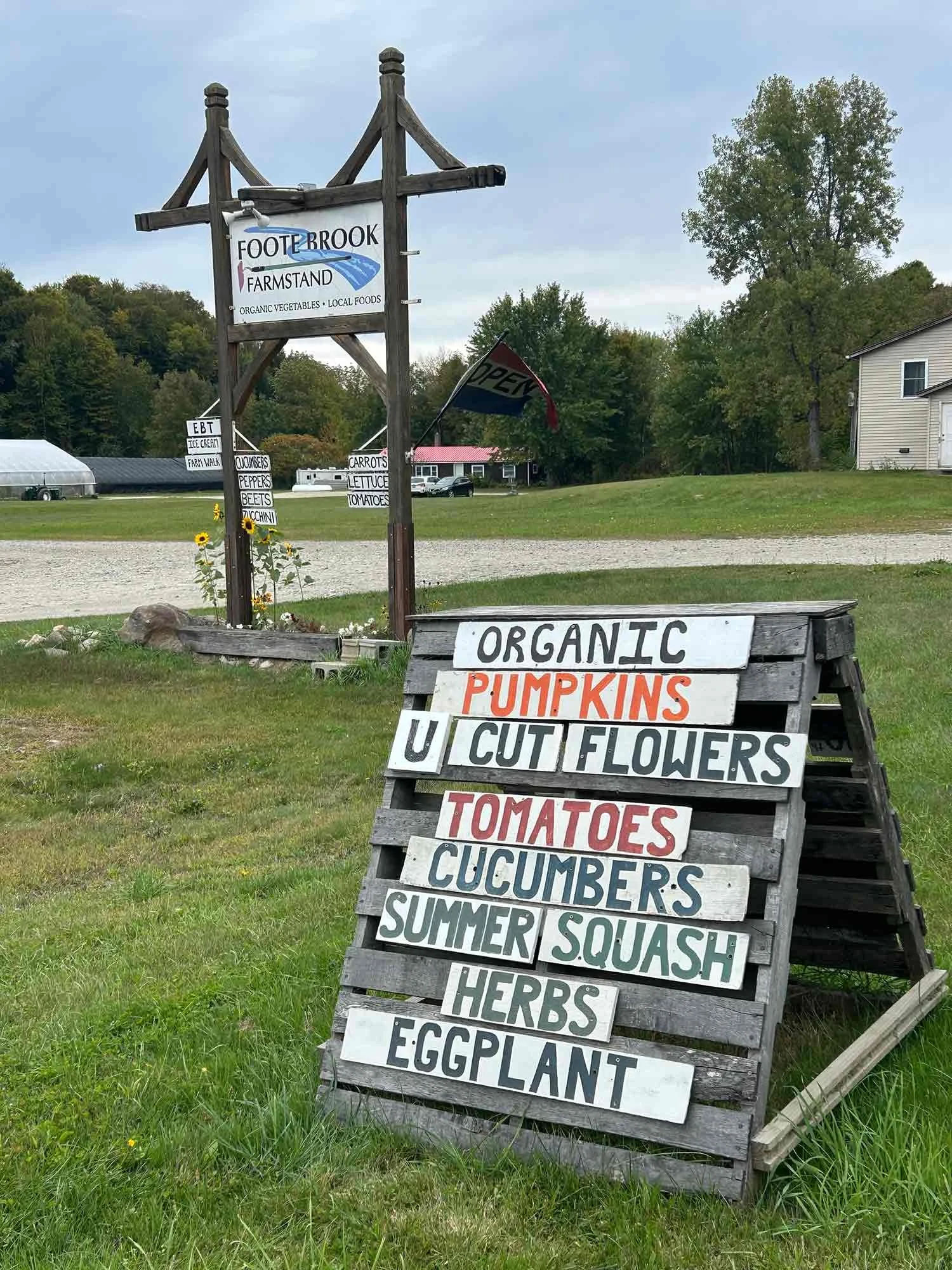 Sign outside a farm stand advertising organic pumpkins, u-cut flowers, tomatoes, cucumbers, summer squash, herbs, and eggplant.