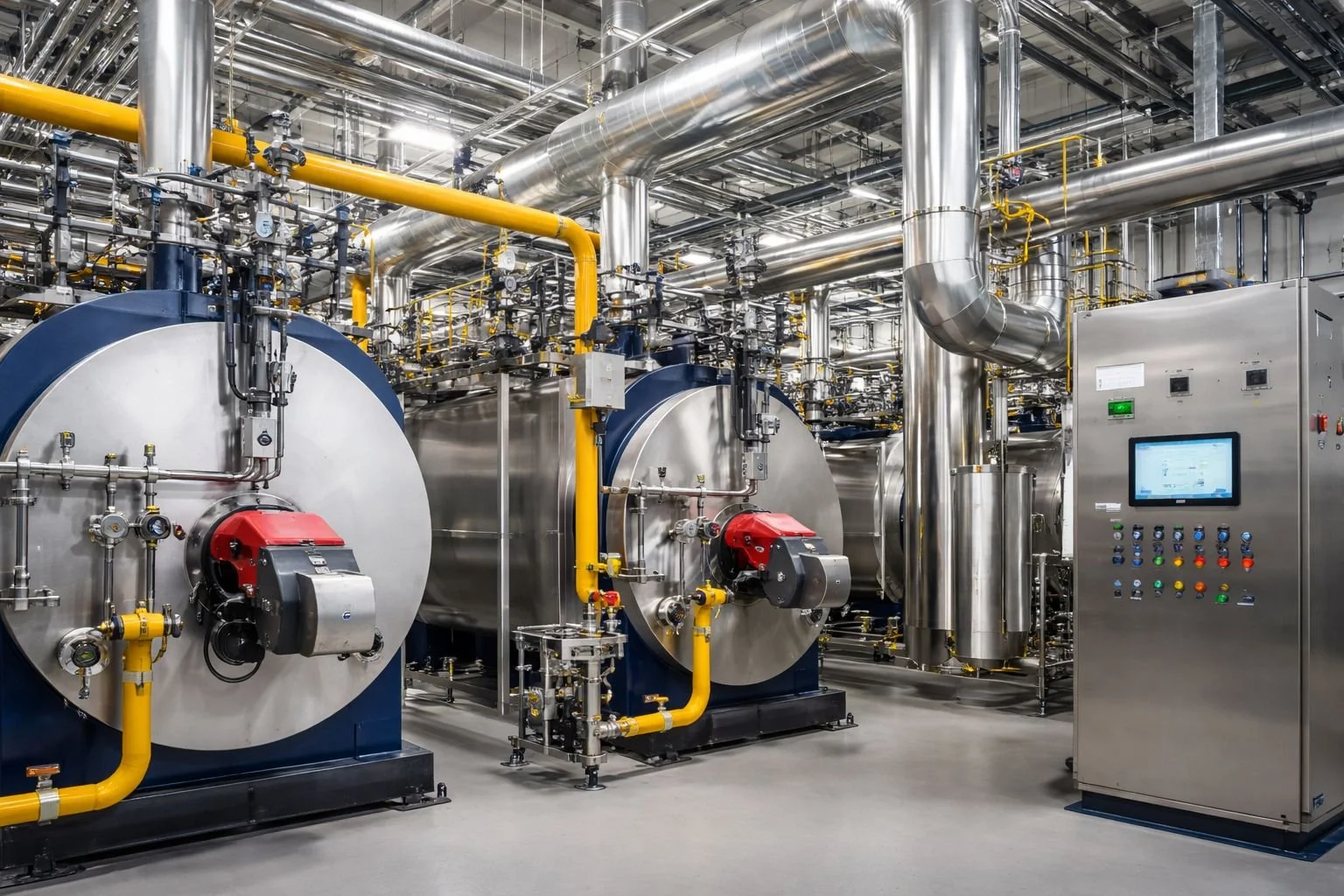 Imagem de uma sala de máquinas industrial com tanques de armazenamento, tubos de metal e um painel de controle eletrônico.