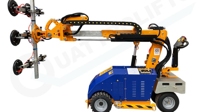 A hydraulic lift with a yellow and blue body, equipped with a long extendable arm and wheel attachments. Stone Lift, Glass Lift.
