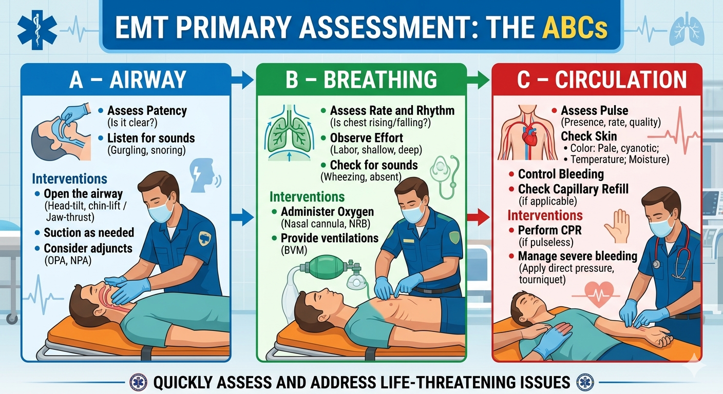 Infographic of EMT primary assessment steps: Airway, Breathing, Circulation with guidelines and interventions for each step.