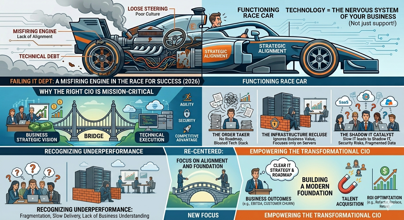Diagram illustrating issues with race cars, including misfiring engines, loose steering, and poor technology, highlighting the importance of strategic alignment and technical execution in business transformation.