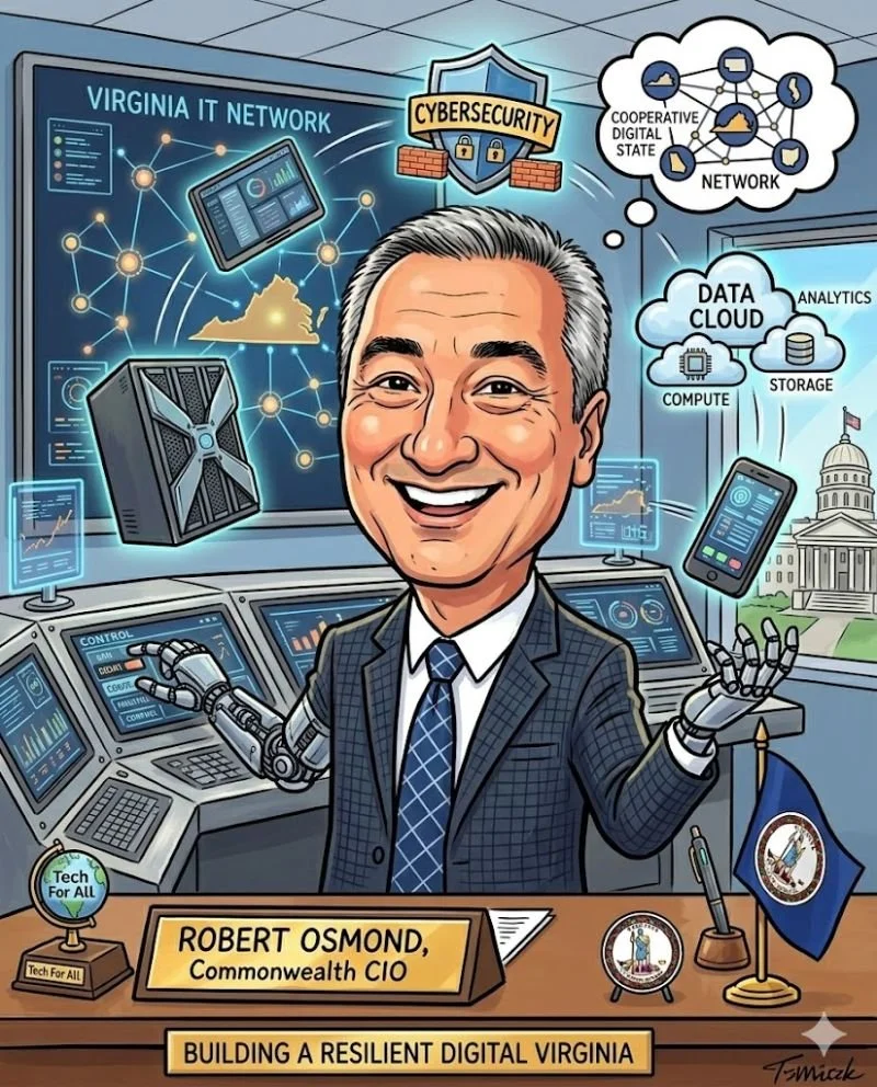 A cheerful man in a suit sitting at a desk with a nameplate that reads 'Robert Osmond, Commonwealth CIO,' in front of a high-tech digital control room filled with screens, gadgets, and graphics depicting cybersecurity, data cloud, and network concepts, and the Virginia state Capitol building is visible outside a window.
