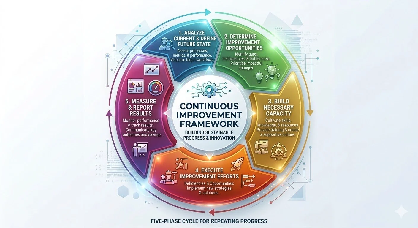 Flowchart diagram of a continuous improvement framework with five phases: 1. Analyze current & define future state, 2. Determine improvement opportunities, 3. Build necessary capacity, 4. Execute improvement efforts, 5. Measure & report results. The cycle highlights building sustainable progress & innovation.