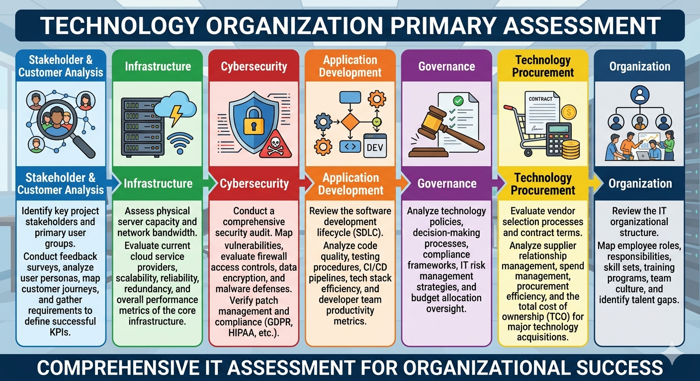 A detailed infographic illustrating the primary assessment process for technology organizations, including steps from stakeholder analysis, infrastructure evaluation, cybersecurity, application development, governance, procurement, to organizational review.