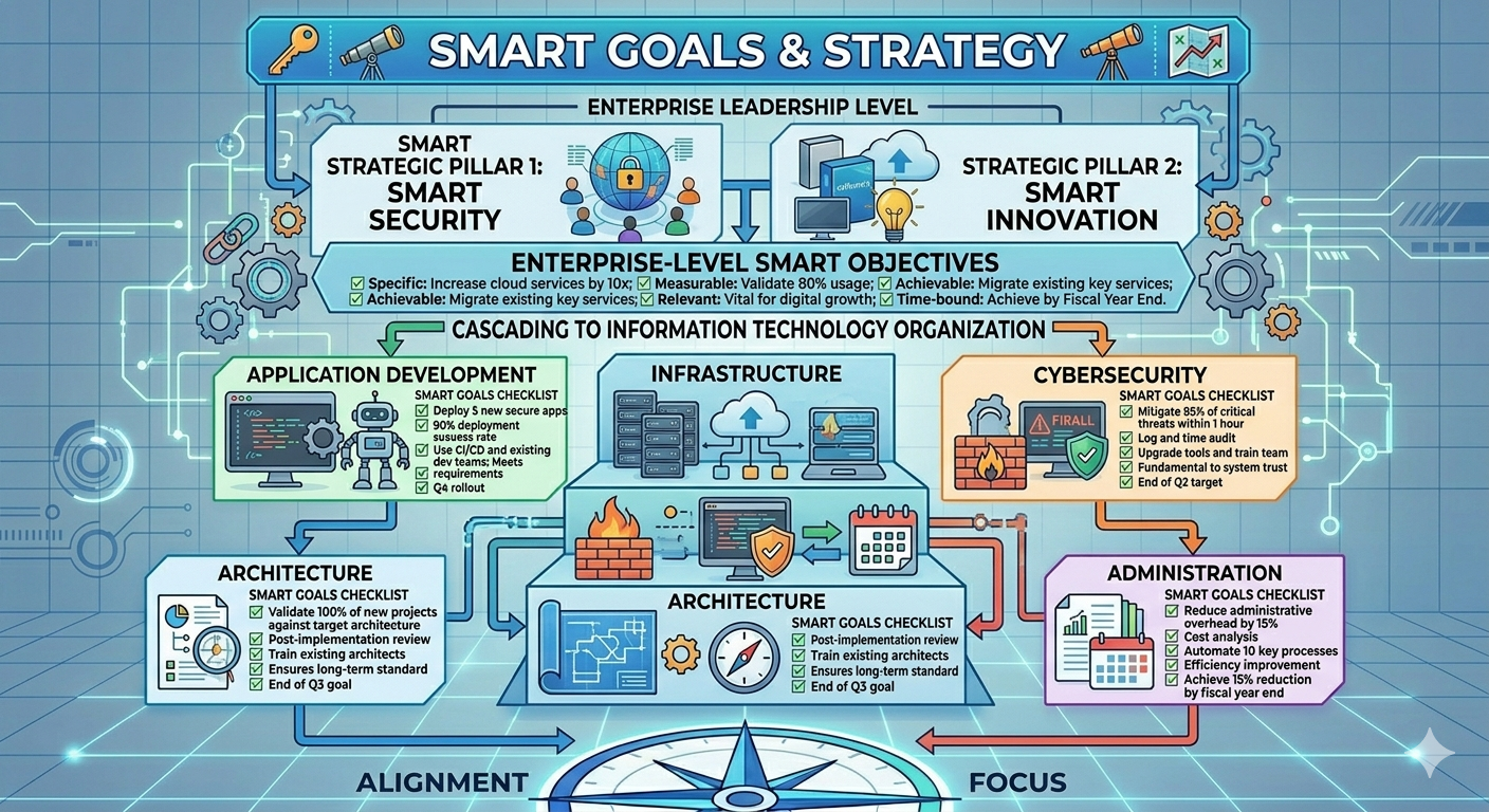 An infographic titled 'Smart Goals & Strategy' outlining enterprise leadership levels, focusing on smart security and smart innovation. It depicts cascading into information technology organization, with sections on application development, infrastructure, cybersecurity, and administration, each with specific smart goals checklists, process flows, and goal milestones.