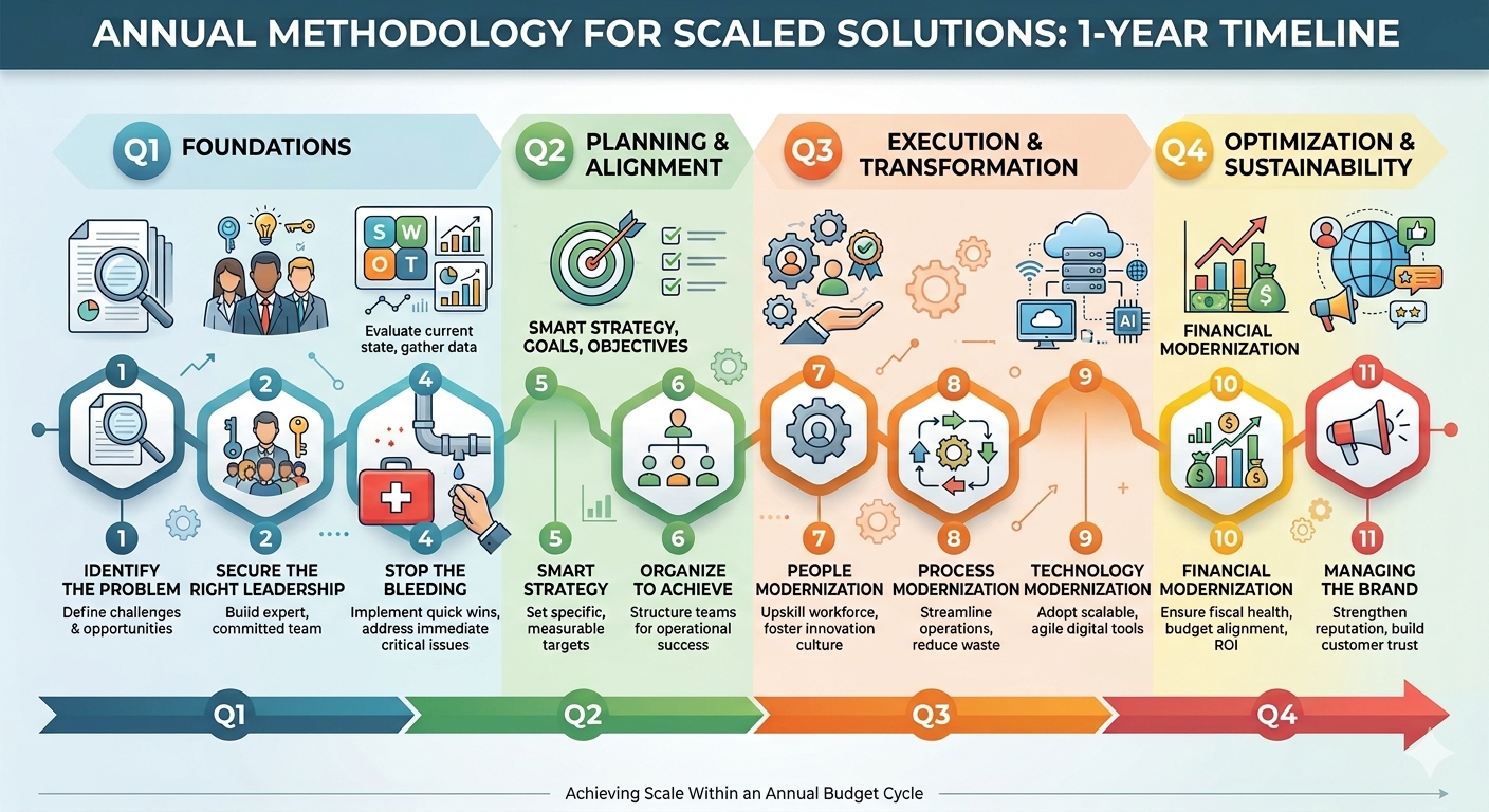 A chart titled 'Annual Methodology for Scaled Solutions: 1-Year Timeline' divided into four sections labeled Q1 to Q4. Q1: Foundations, includes steps like identifying the problem, securing leadership, stopping the bleeding, and evaluating the current state. Q2: Planning & Alignment, with steps for smart strategy, organizing to achieve. Q3: Execution & Transformation, including people modernization, process and technology modernization. Q4: Optimization & Sustainability, covering financial modernization and managing the brand.