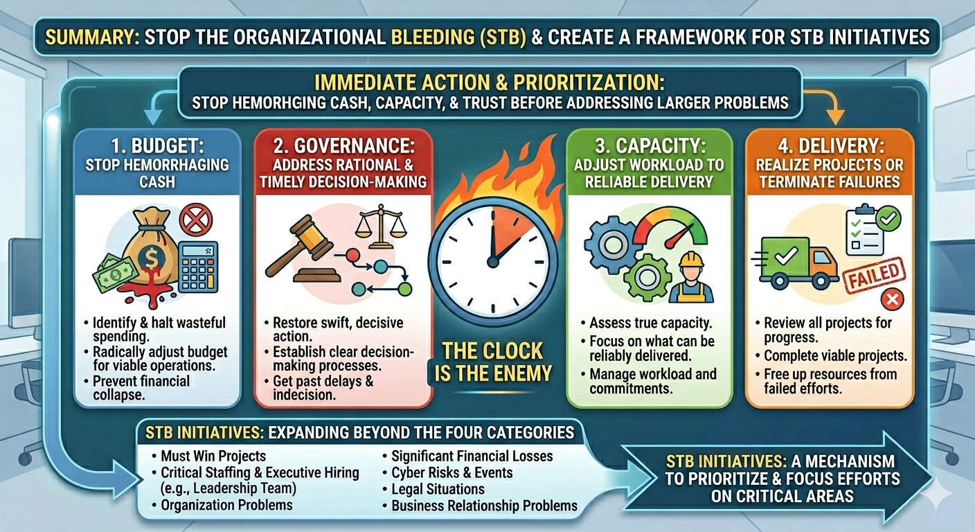Infographic illustrating a strategy to stop organizational bleeding (STB) and create a framework for STB initiatives. It highlights four key steps: 1. Budget, 2. Governance, 3. Capacity, and 4. Delivery, with actions and goals for each. The central message emphasizes that 'The clock is the enemy' and immediate action should focus on stopping hemorrhaging cash, addressing decision-making, assessing true capacity, and reviewing project progress. Additional initiatives aim to expand beyond these categories, prioritizing critical efforts.