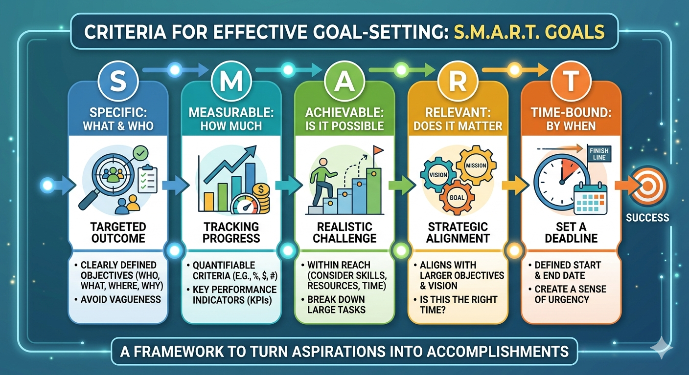 Infographic outlining criteria for effective goal setting based on S.M.A.R.T. principles. The steps are: Specific, Measurable, Achievable, Relevant, and Time-bound. Each step includes key points such as defining objectives, tracking progress, ensuring feasibility, alignment with goals, and setting deadlines.