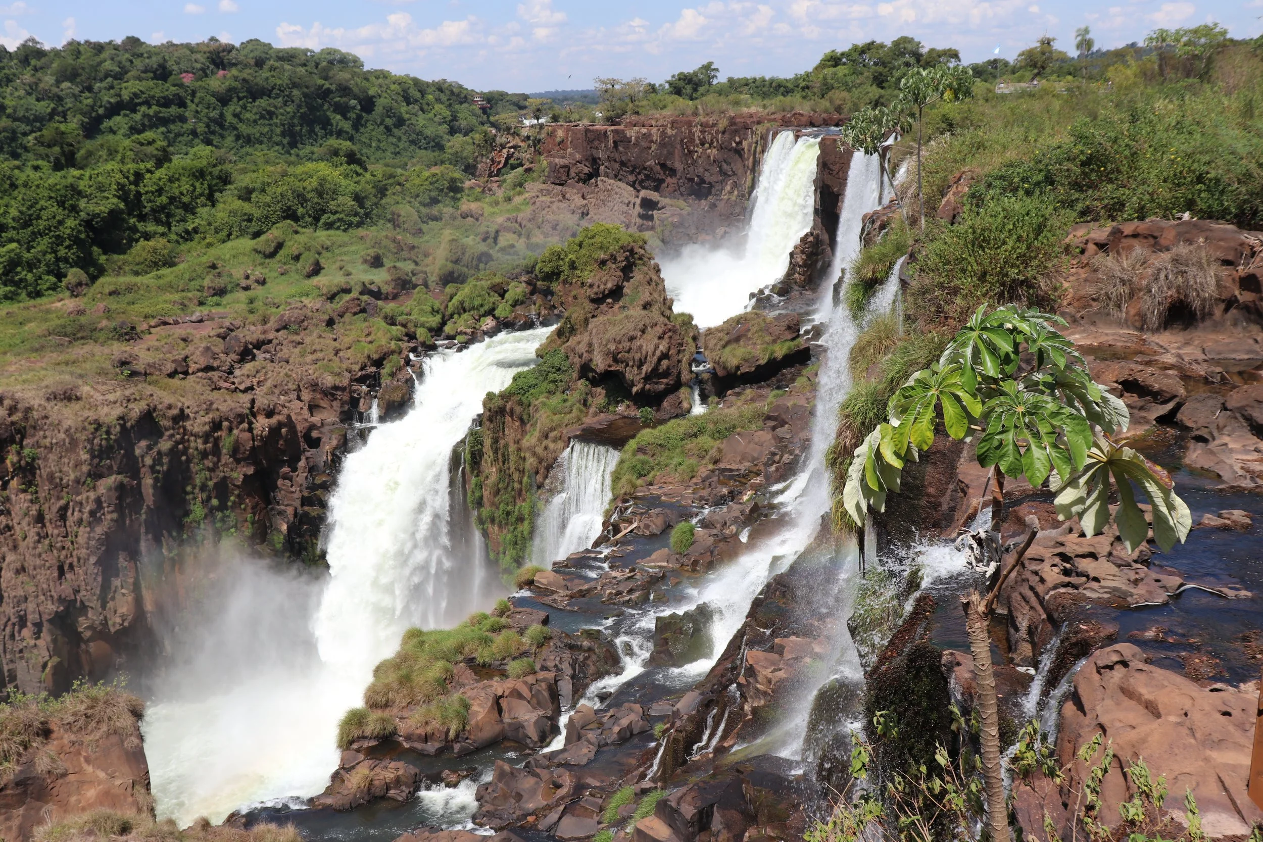 Multiple waterfalls cascading down rocky cliffs surrounded by lush green vegetation and trees.