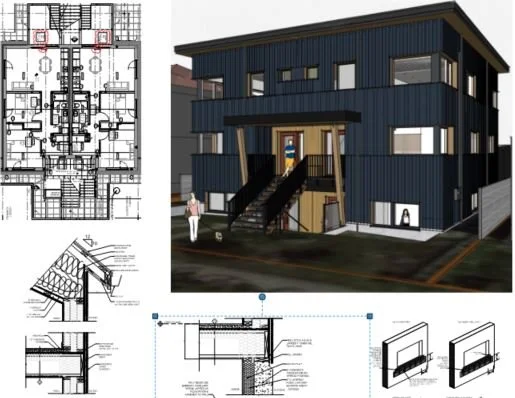 Architectural plans and a 3D model of a modern two-story house with dark exterior siding and large windows.