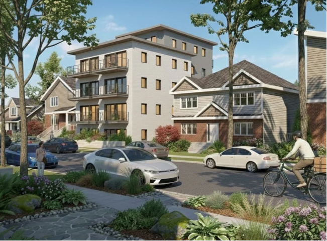 A residential street with modern multi-story apartment building, traditional houses, parked cars, and a person riding a bicycle during daytime with trees and landscaped plants.