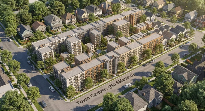 Aerial view of a modern apartment complex with multiple buildings, surrounded by trees and neighboring houses, located along a street labeled 'Town Centres (No Sidewalk)'