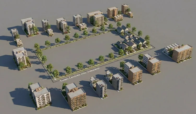 A digital rendering of a residential development with multiple apartment buildings surrounding an empty central lot, with trees lining the roads and the label "TOWT CENRES (NO SIDEYARD)" on one street.