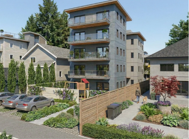 A multi-story modern apartment building with balconies in a residential neighborhood, surrounded by greenery and neighboring houses, with a parking area and landscaped yard.