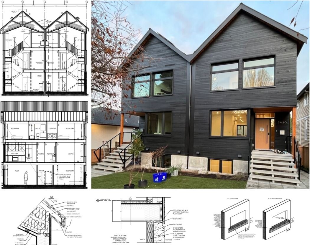 A black wooden house with large windows and front steps is shown in the photograph, accompanied by architectural blueprints and cross-section diagrams of the house's structure.