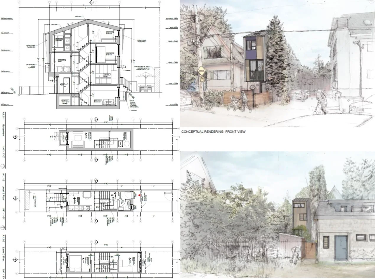 Architectural blueprint and conceptual sketches of a modern multi-story house with front and side views, including detailed floor plans, elevation drawings, and a colorful conceptual rendering of the house exterior surrounded by trees and neighboring buildings.
