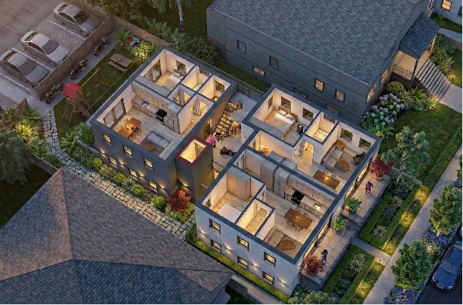 Aerial view of a modern multi-story house with multiple rooms visible inside, surrounded by a landscaped yard with trees and walkways, adjacent to neighboring houses and parking lot.