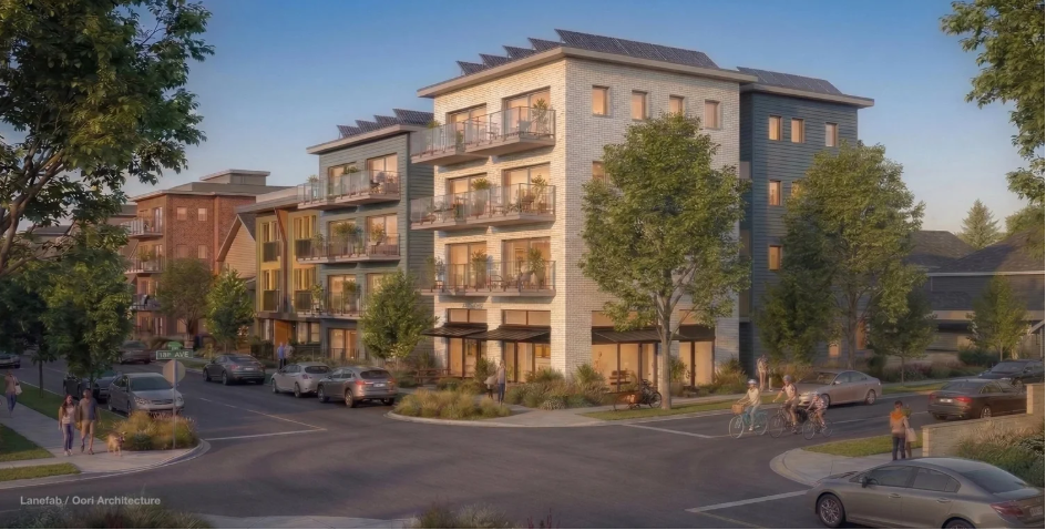 A modern multi-story apartment building with balconies, surrounded by trees and parked cars, with people walking and biking nearby.