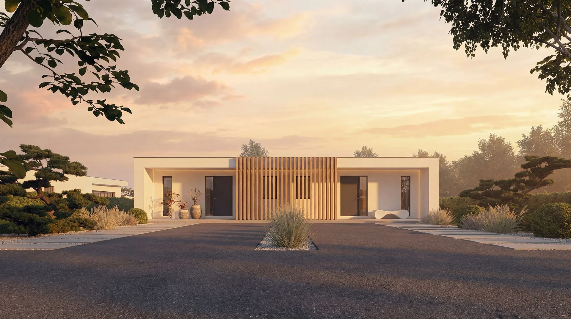 Nowoczesny dom typu bliźniak z dużymi przeszkleniami, naturalnymi materiałami i minimalistyczną architekturą w spokojnym otoczeniu zieleni.
