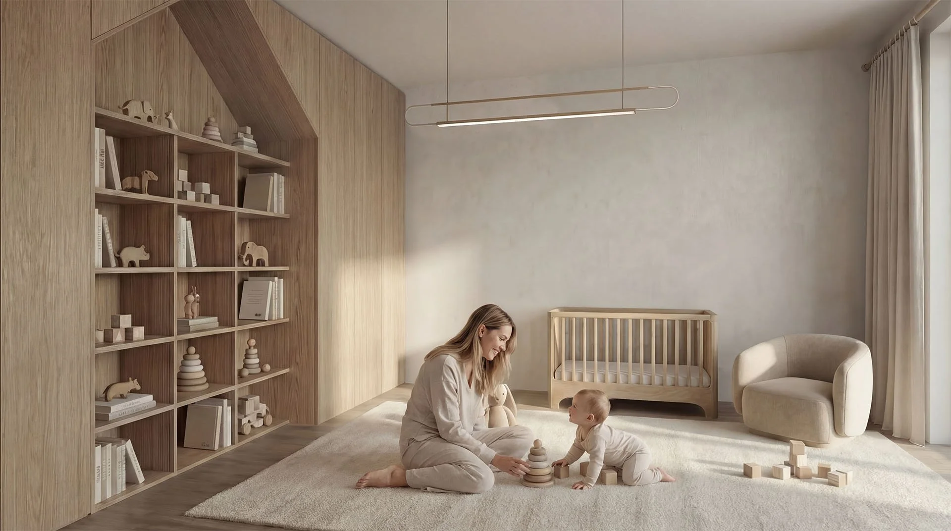 Minimalistyczny pokój dziecka z naturalnego drewna w nowoczesnym wnętrzu domu pełnym ciepłego światła