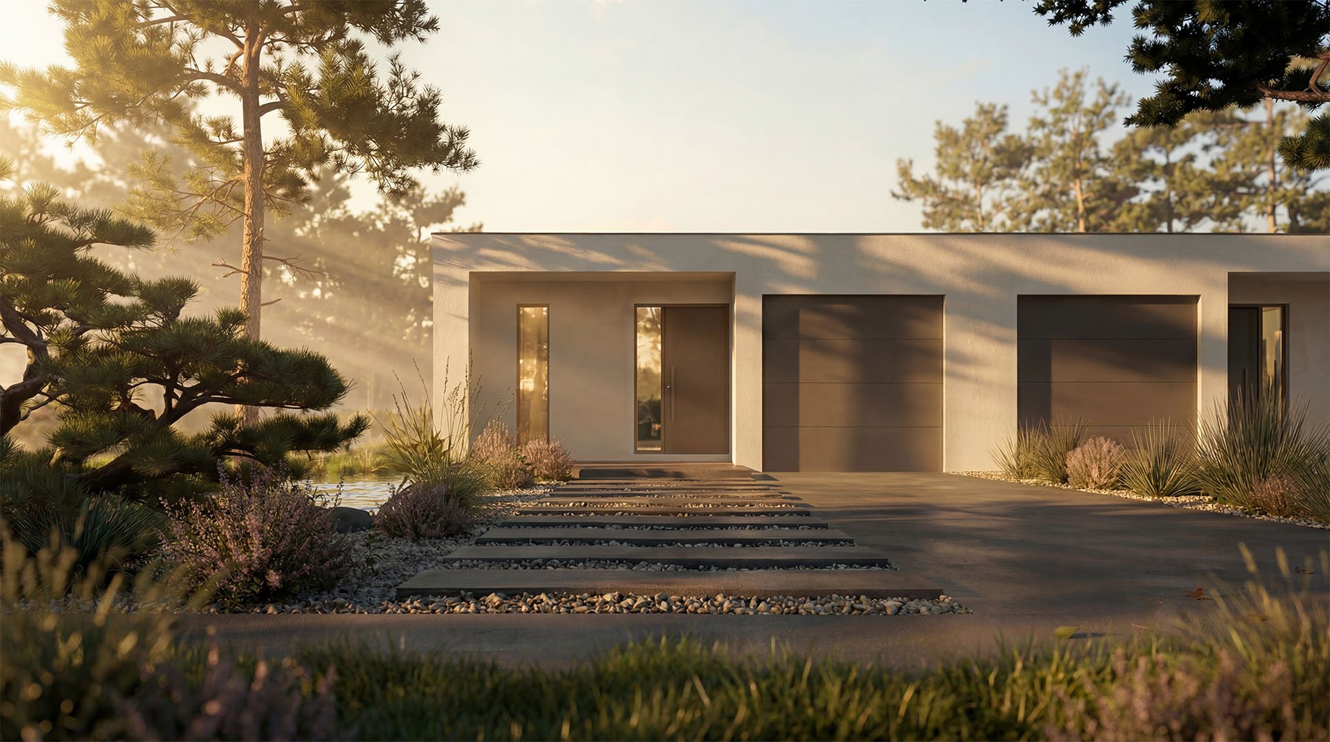 Nowoczesny dom typu bliźniak z minimalistyczną architekturą, naturalną kolorystyką i spokojnym otoczeniem inspirowanym nowoczesnym stylem premium.