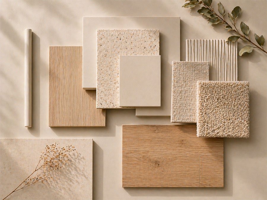 Moodboard naturalnych materiałów w jasnych beżowych tonach
