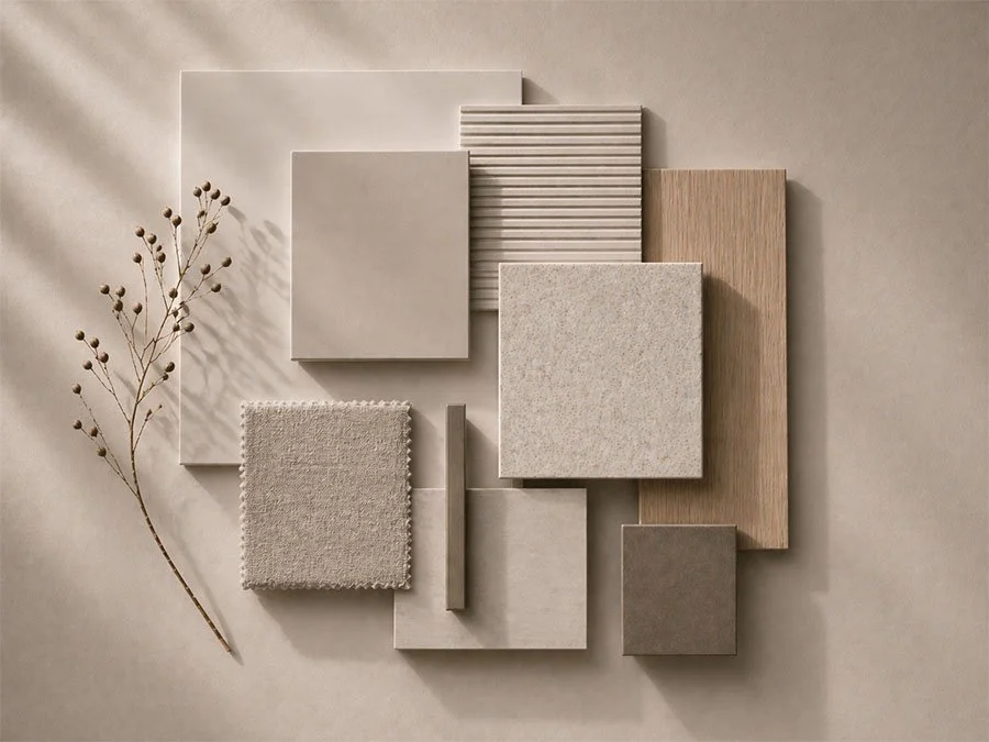 Moodboard minimalistycznych materiałów w jasnej eleganckiej stylistyce