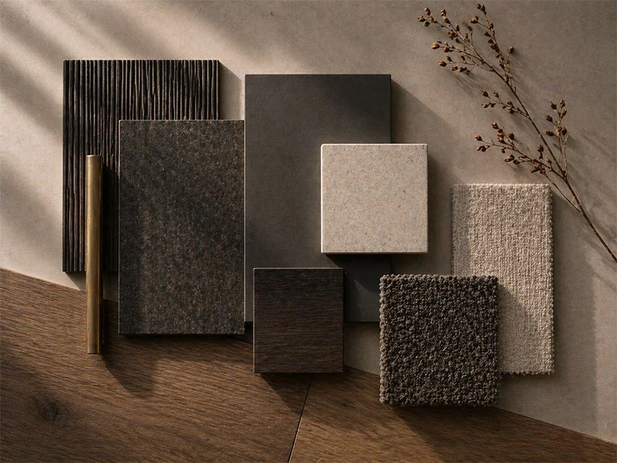 Moodboard nowoczesnych ciemnych materiałów i kontrastowych faktur