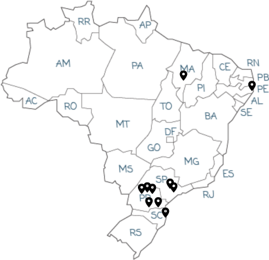 Mapa do Brasil com marcações em diferentes estados, indicando pontos de interesse ou localidades específicas.