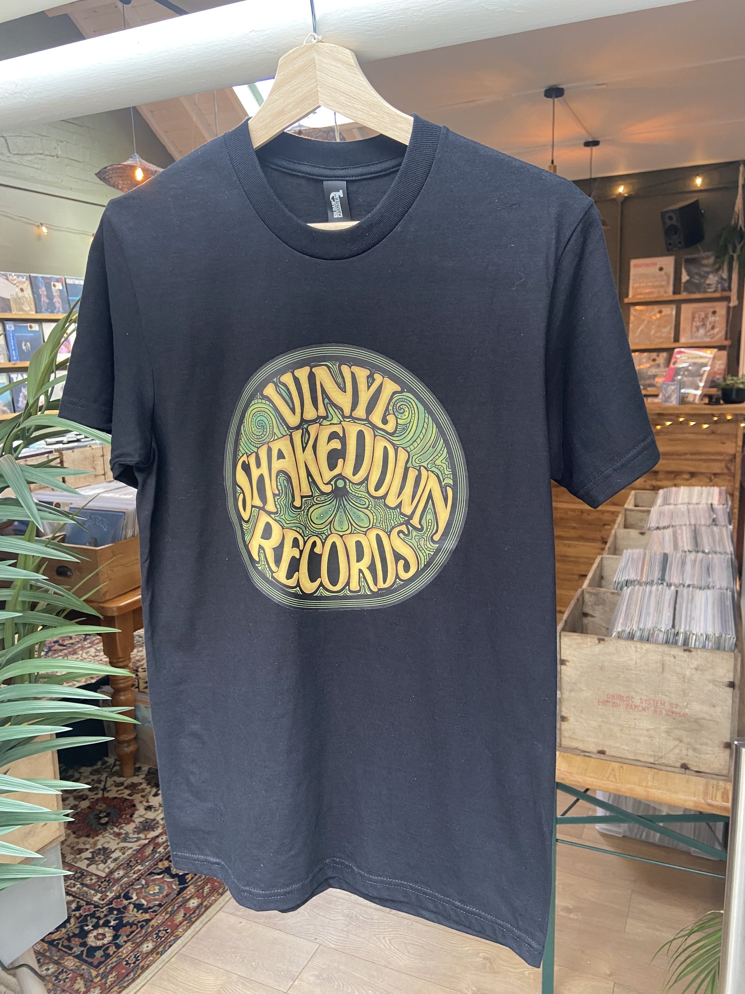 Vinyl Shakedown - BLACK - Cotton T-Shirt (Large Logo) - Sizes: S M L XL XXL