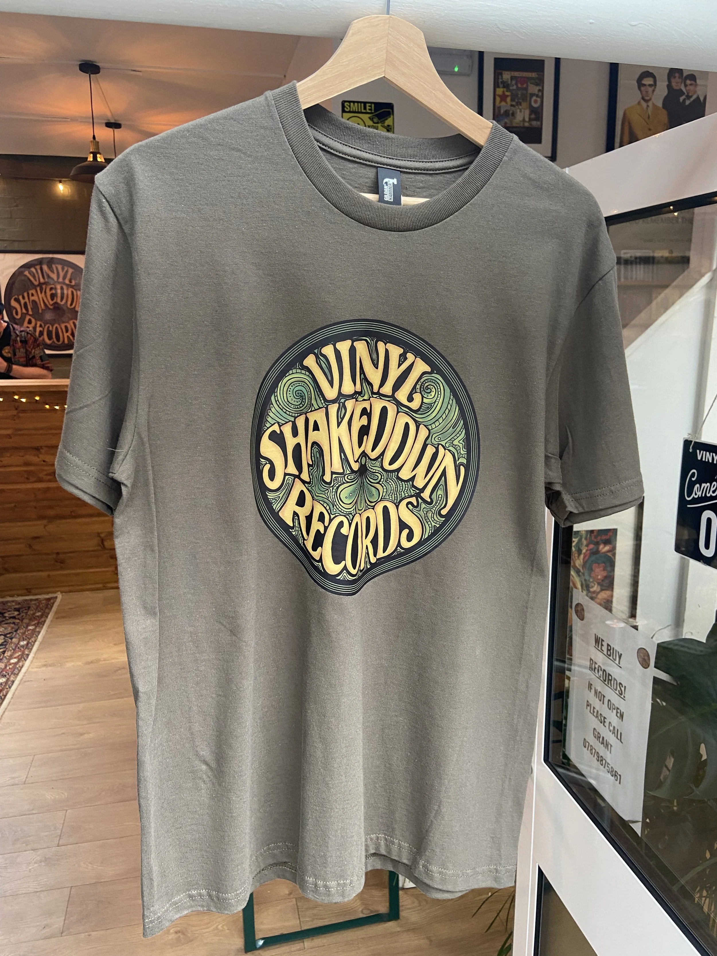 Vinyl Shakedown - ARMY GREEN - Cotton T-Shirt (Large Logo) - Sizes: S M L XL XXL