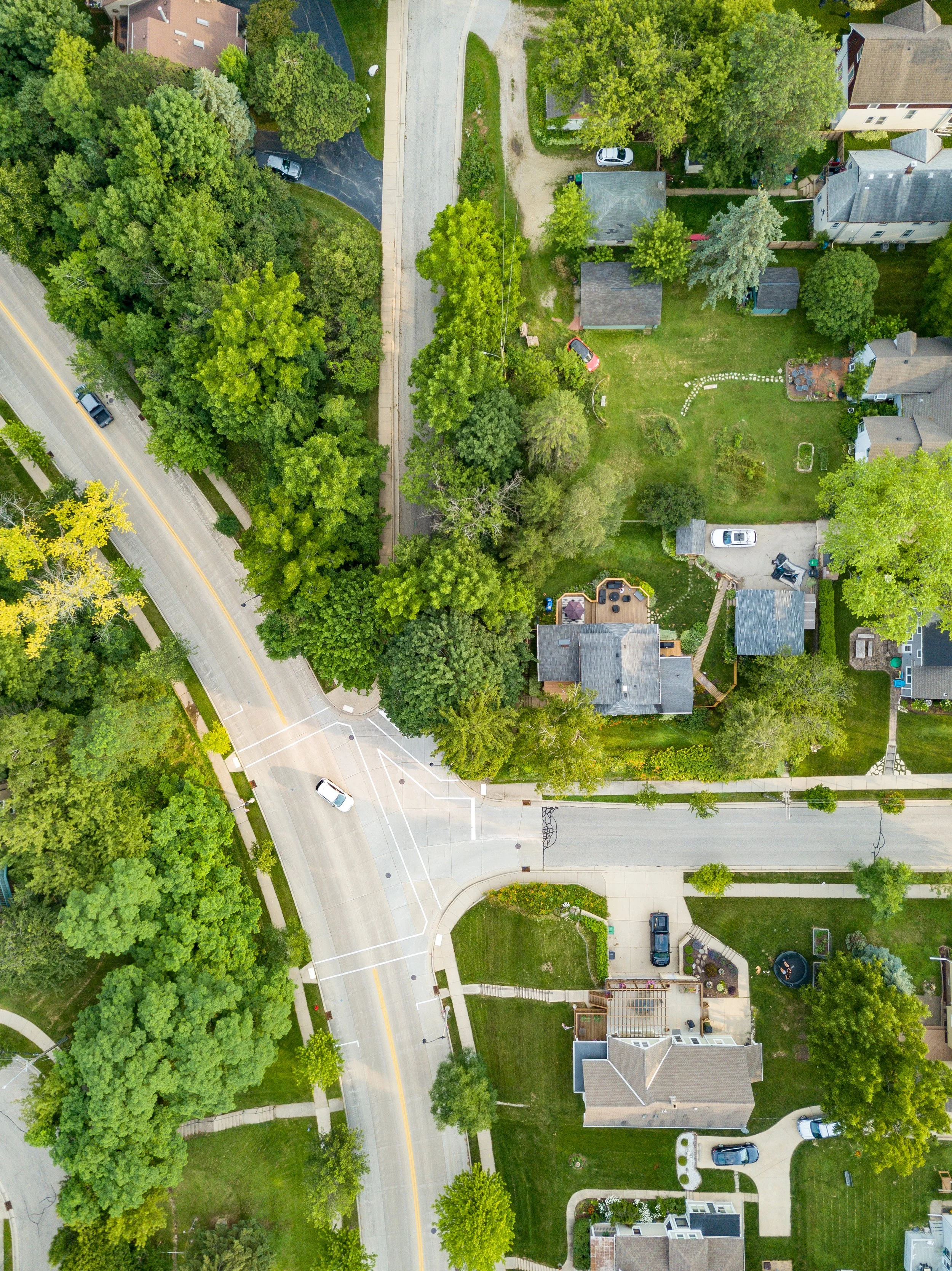 Aerial view of a residential neighborhood showing houses, lawns, trees, and a main street with a few cars.