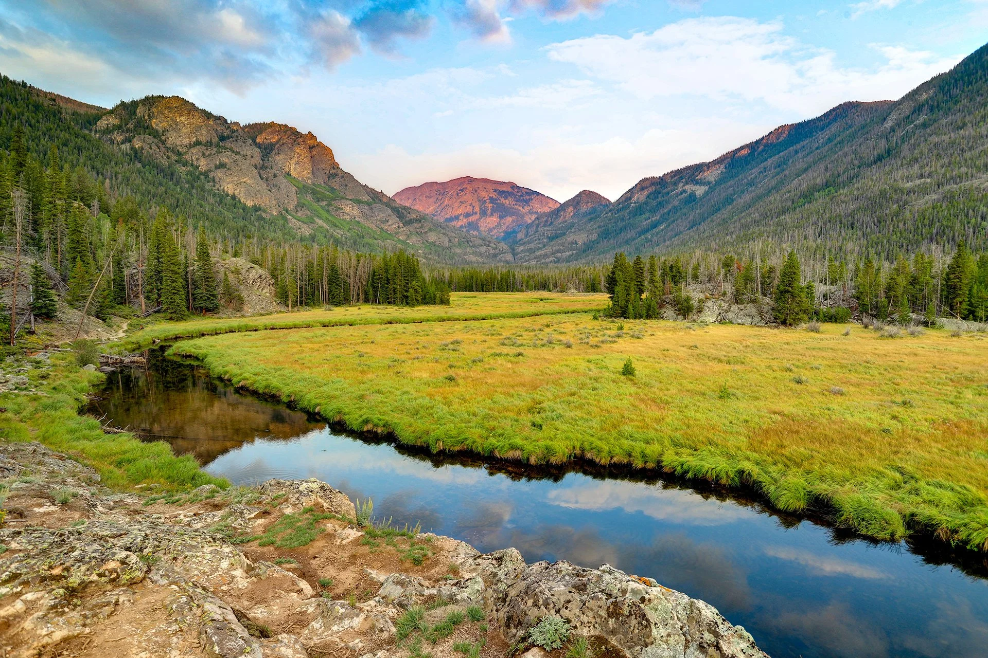 A scenic view of a mountain valley with a small river running through grassy fields, surrounded by pine trees and tall mountains under a blue sky with some clouds.