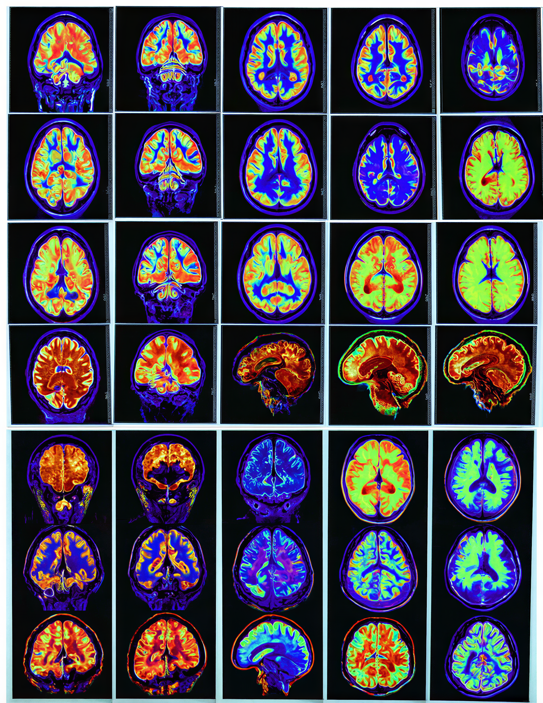Colorful brain scan images arranged in a grid, showing different cross-sections of the human brain in vivid colors.