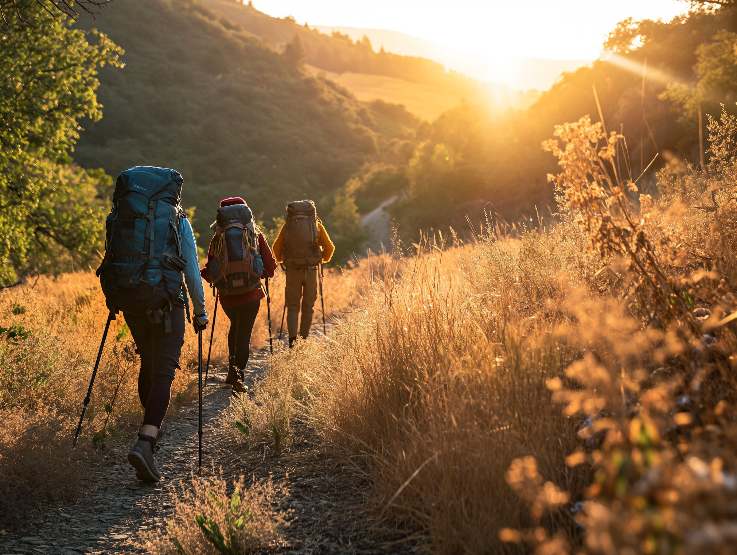 Three hikers carrying backpacks and walking poles along a trail in a mountainous, grassy landscape during sunset.
