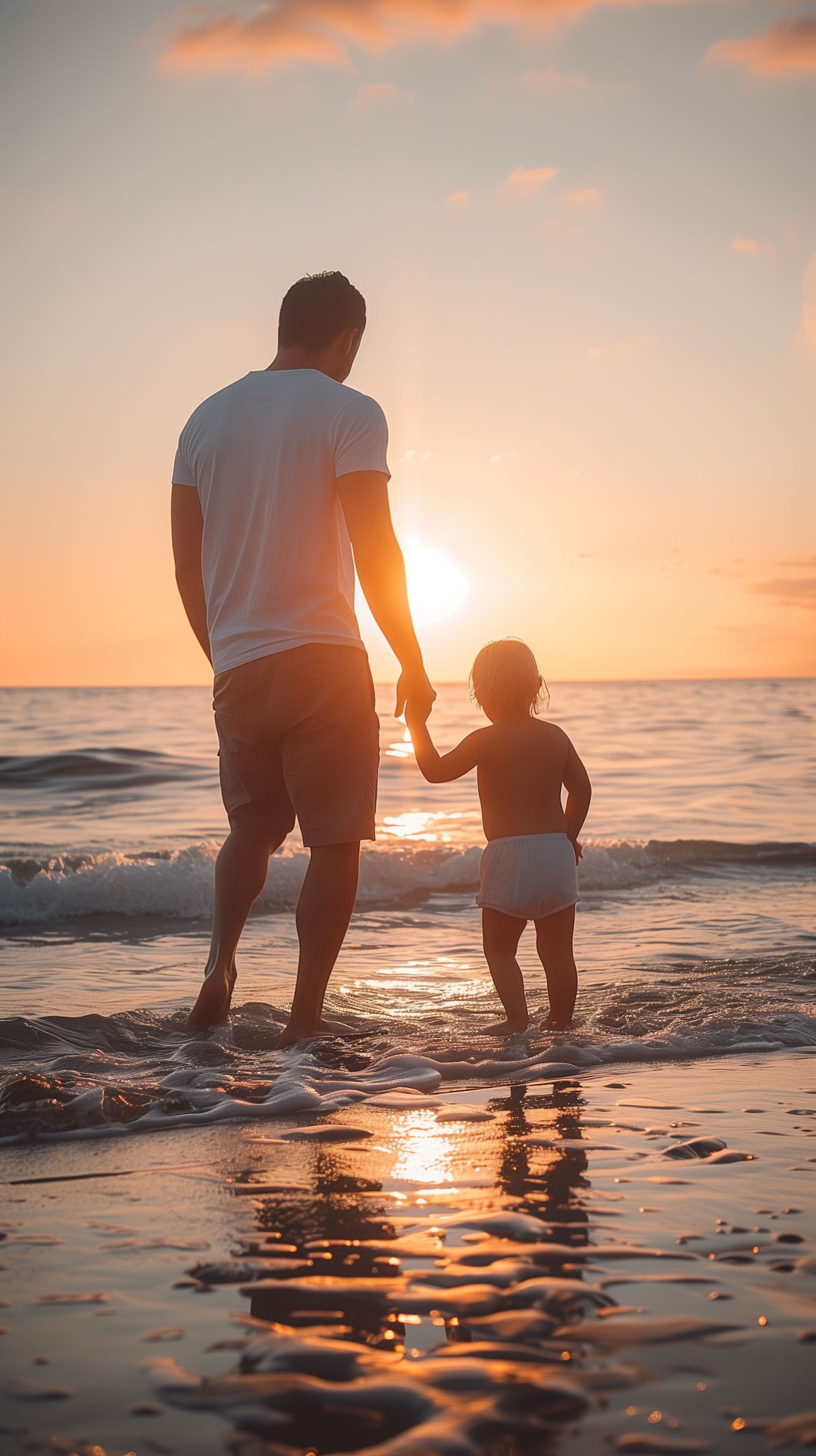 Man and young girl holding hands on the beach during sunset, walking through shallow water, with the sun near the horizon and orange clouds in the sky.