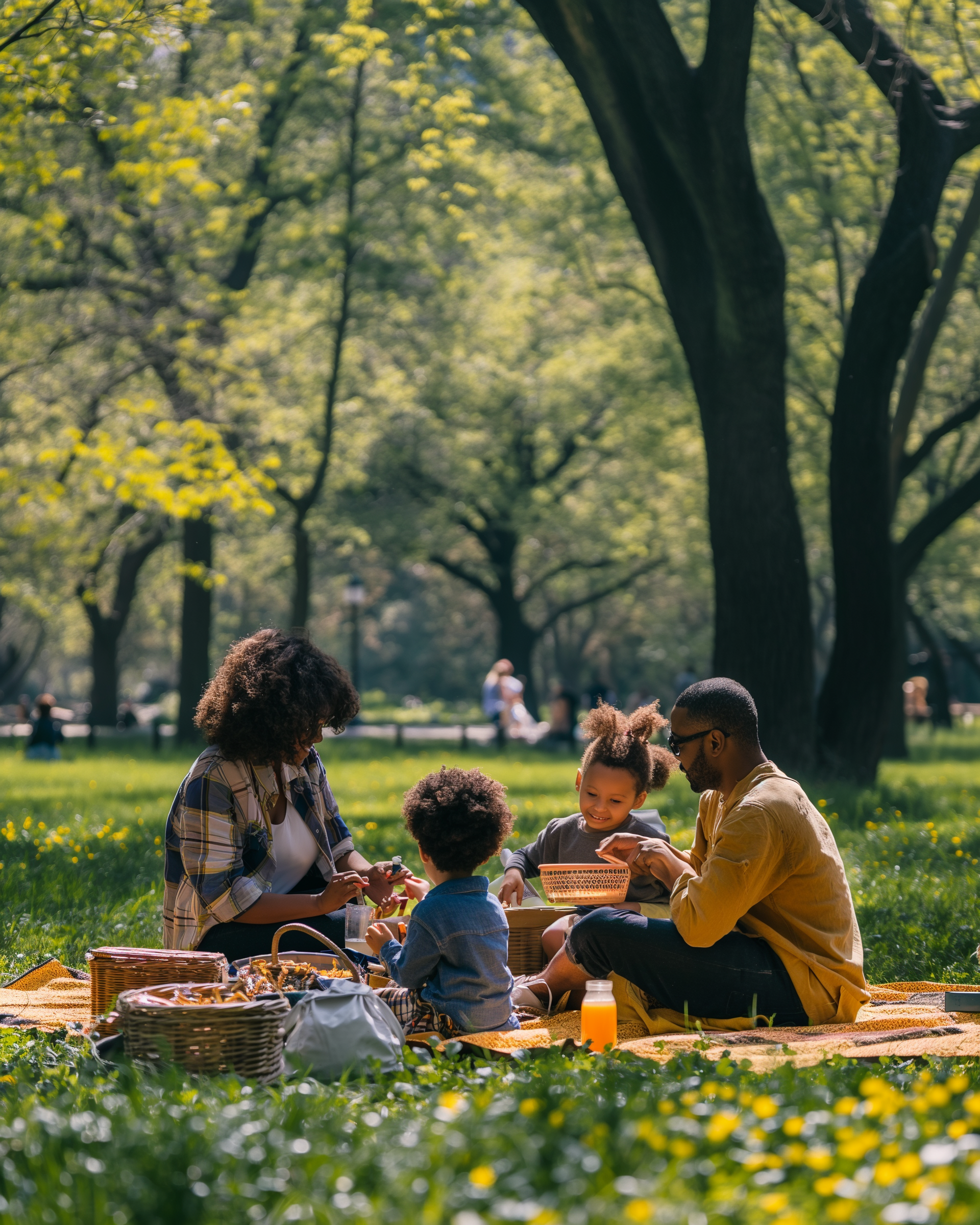 A family having a picnic on the grass in a park with large trees and yellow flowers.