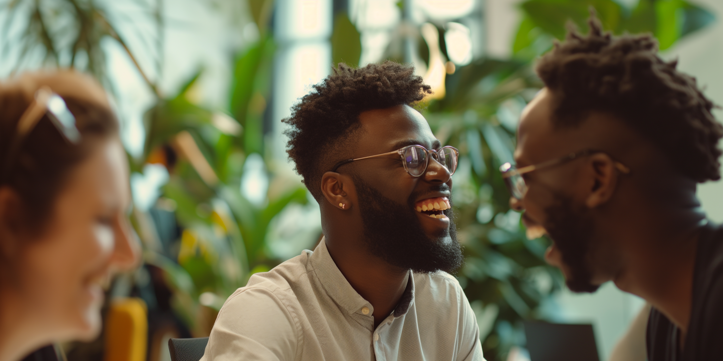 Four people sitting together, engaged in conversation. One man with glasses and a beard is smiling in the center, while another man with glasses and dreadlocks faces him. Two blurred individuals are partially visible on the sides. The background includes green plants.