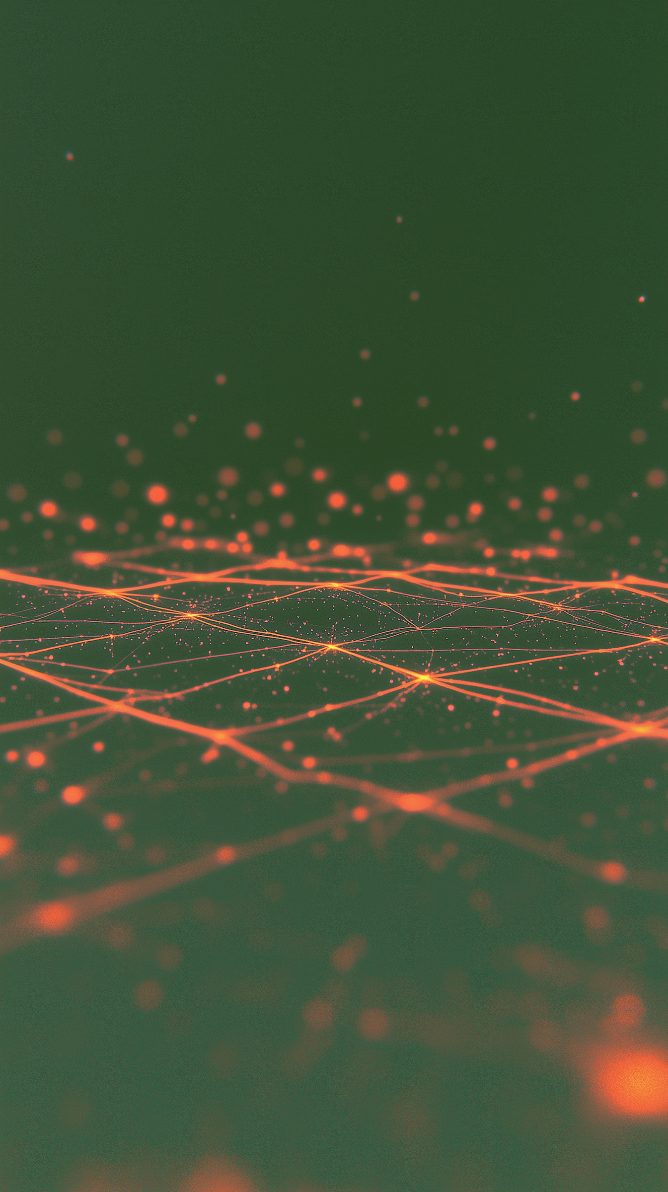 A digital visualization of interconnected glowing orange lines and dots on a green background, resembling a network or data connections.