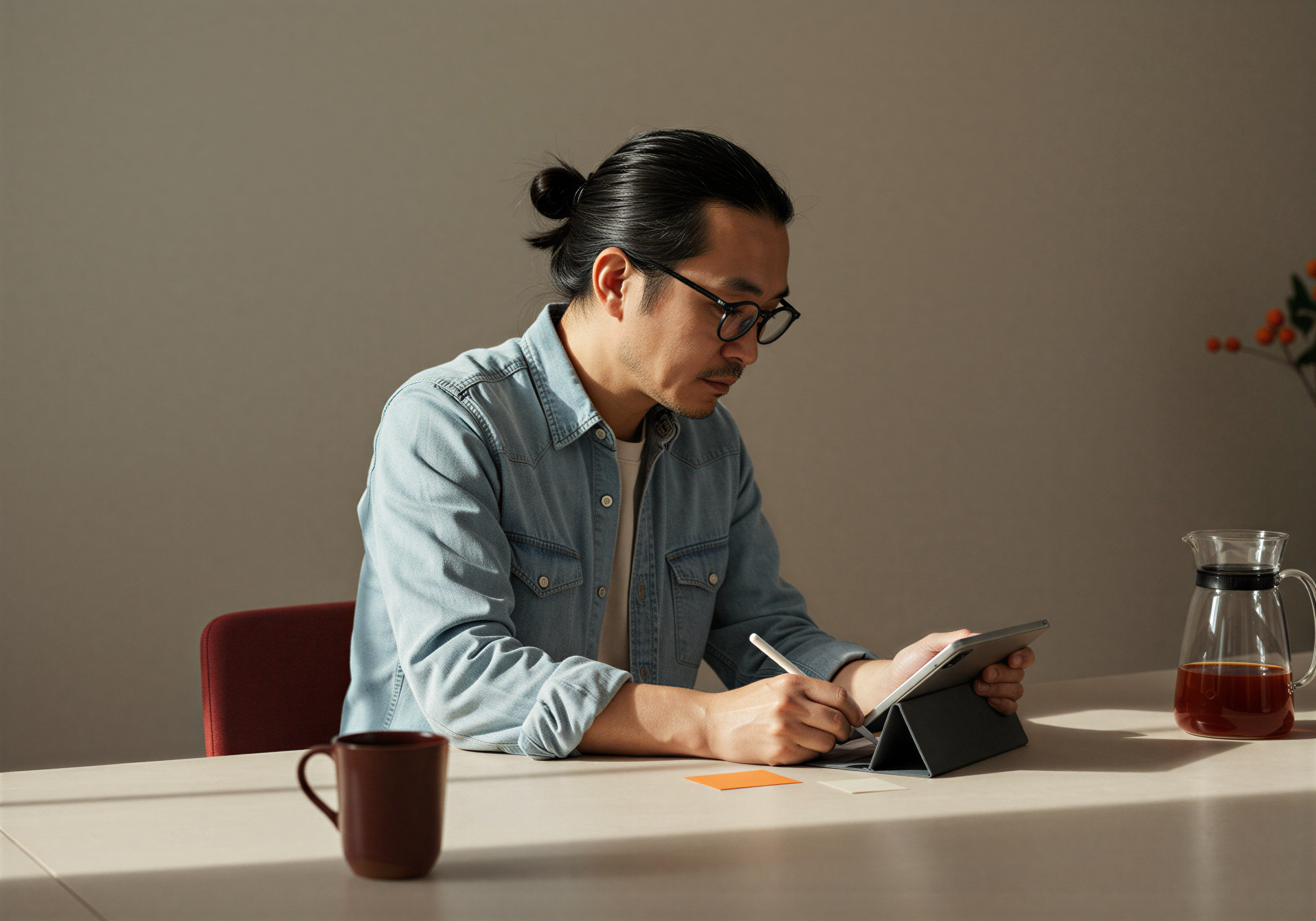 A man with long black hair tied in a bun, wearing glasses and a denim shirt, sitting at a white table using a digital tablet with a stylus. There is a brown mug, a glass pitcher of amber liquid, and a glass cup on the table, against a plain grey wall background.