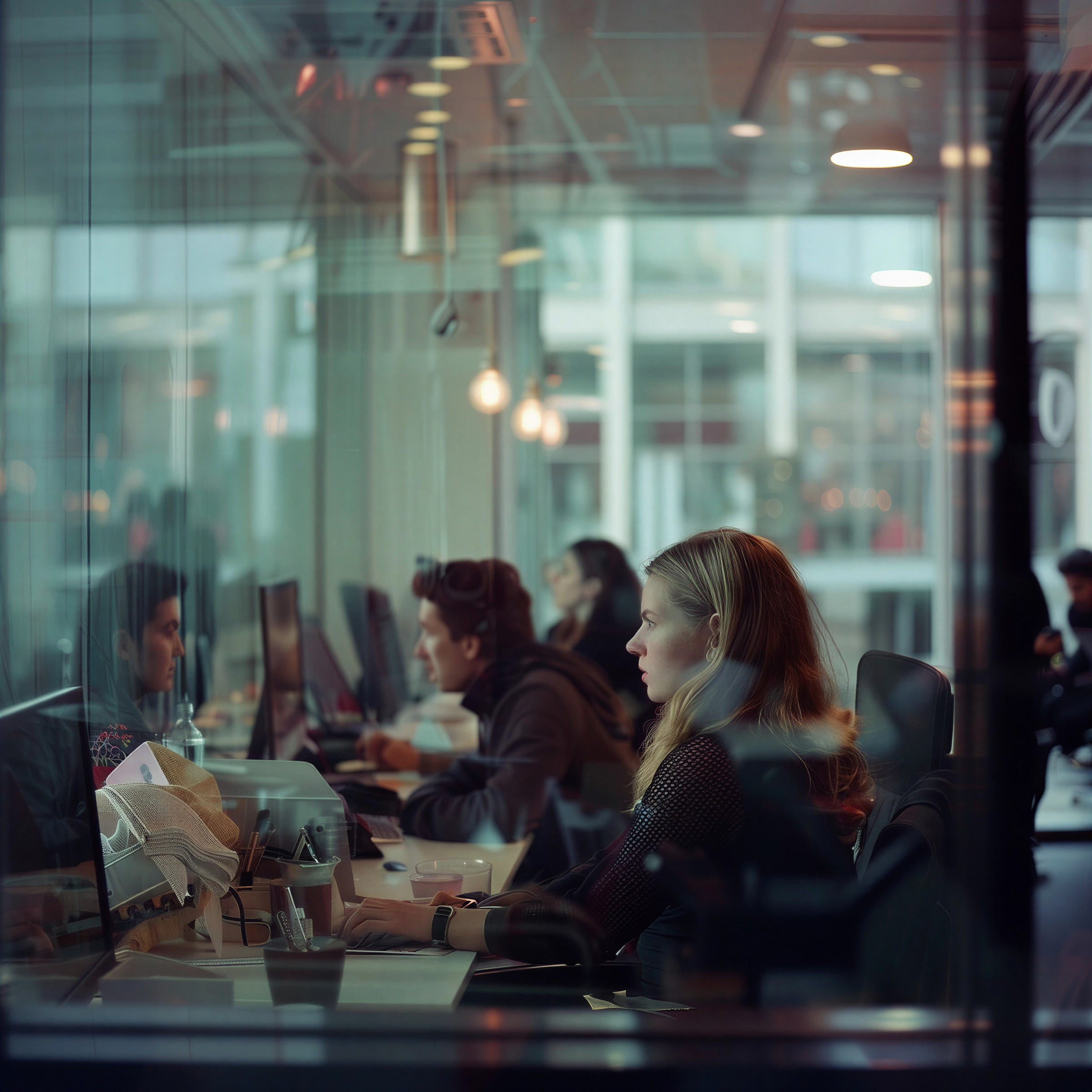 People sitting at a long table inside a modern office or conference room, seen through a glass window, with some individuals engaged in conversation or working.