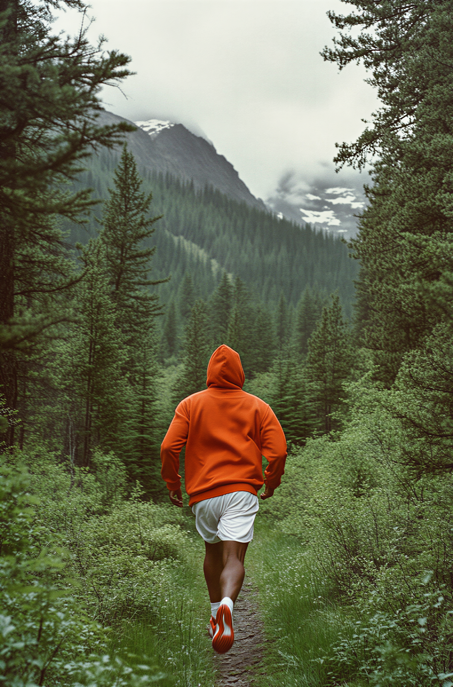 A person jogging on a trail through a green forest with mountains and cloudy sky in the background.