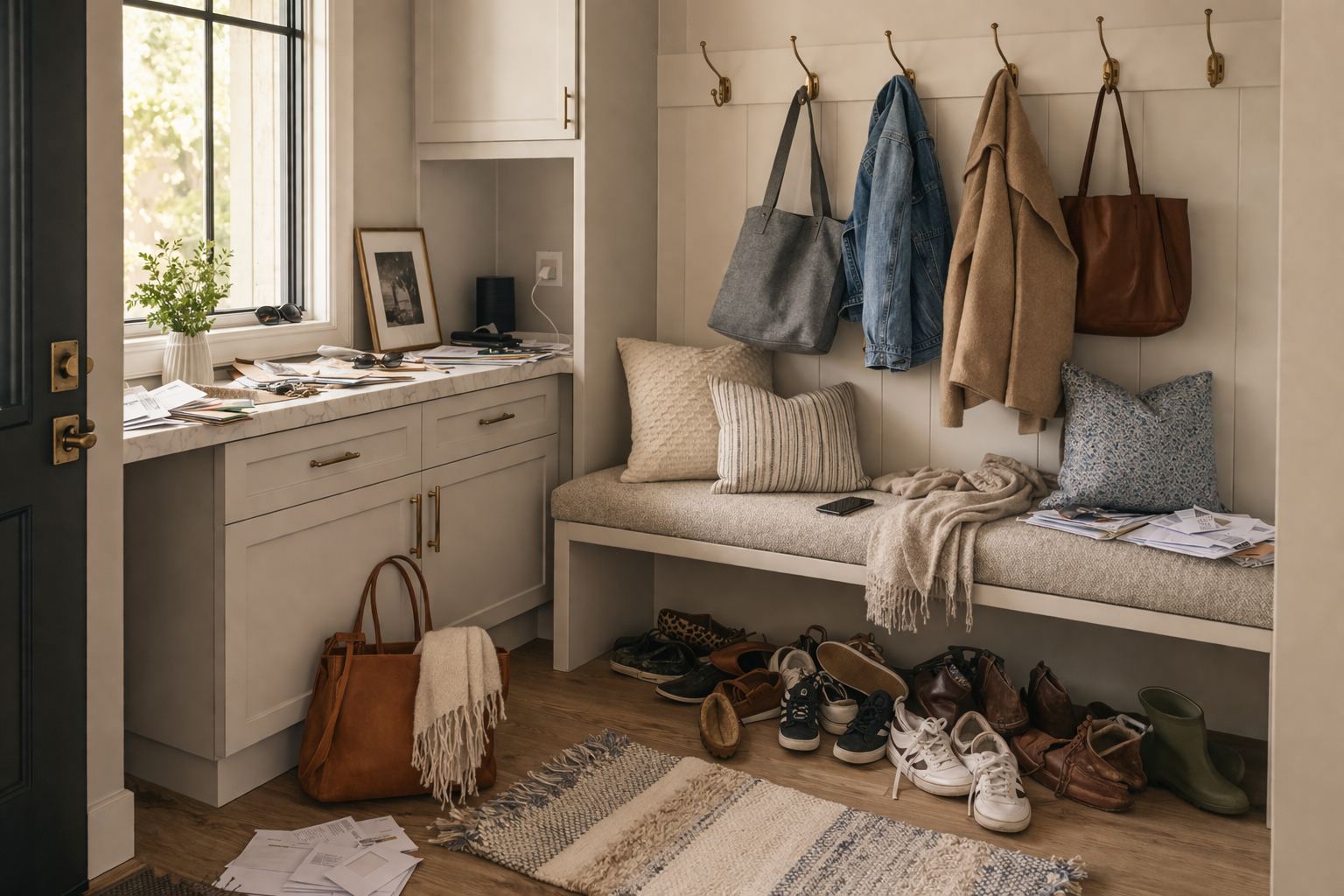 A cozy entryway with a built-in bench, pillows, and hanging hooks holding bags and jackets. Shoes and newspapers are scattered on the floor, with a small rug and a window with a potted plant nearby.